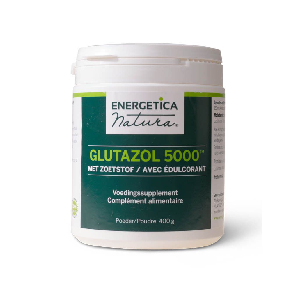Récipient blanc avec étiquette verte. Texte: ENERGETICA NATURA GLUTAZOL 5000, MET ZOETSTOF / AVEC ÉDULCORANT, Complément alimentaire, 400 g.