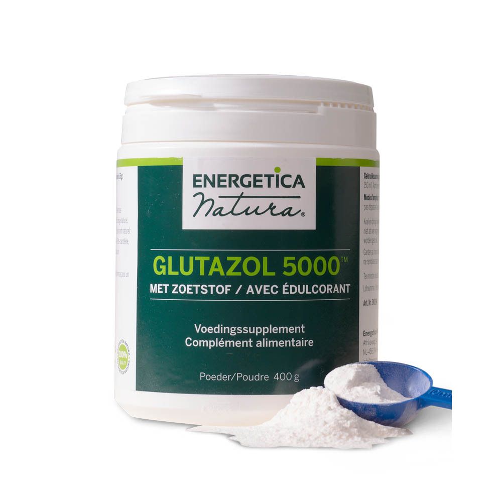 Récipient blanc avec étiquette verte. Texte: ENERGETICA NATURA GLUTAZOL 5000, MET ZOETSTOF / AVEC ÉDULCORANT, Complément alimentaire, 400 g.
