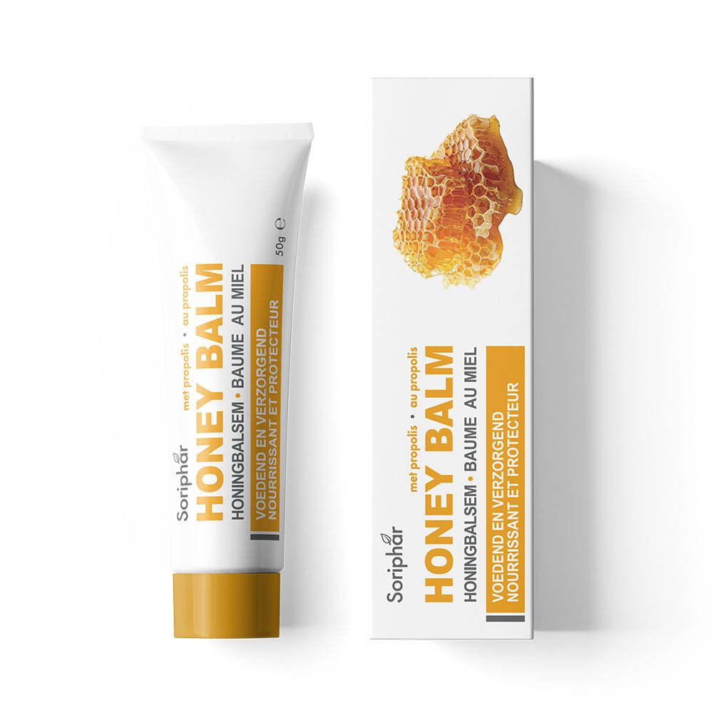 Tube et emballage de Honey Balm avec design alvéolé.