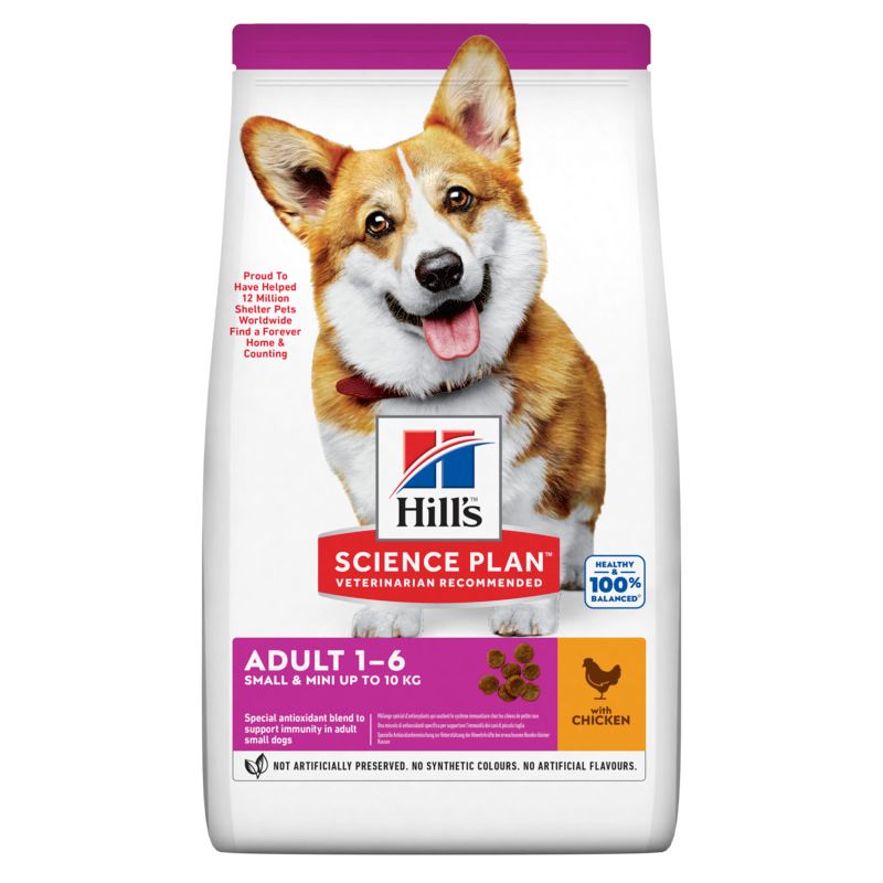 Sac de nourriture pour chiens avec chien. Logo : Hill's Science Plan, texte : Adult 1-6, avec poulet. 100% équilibré.