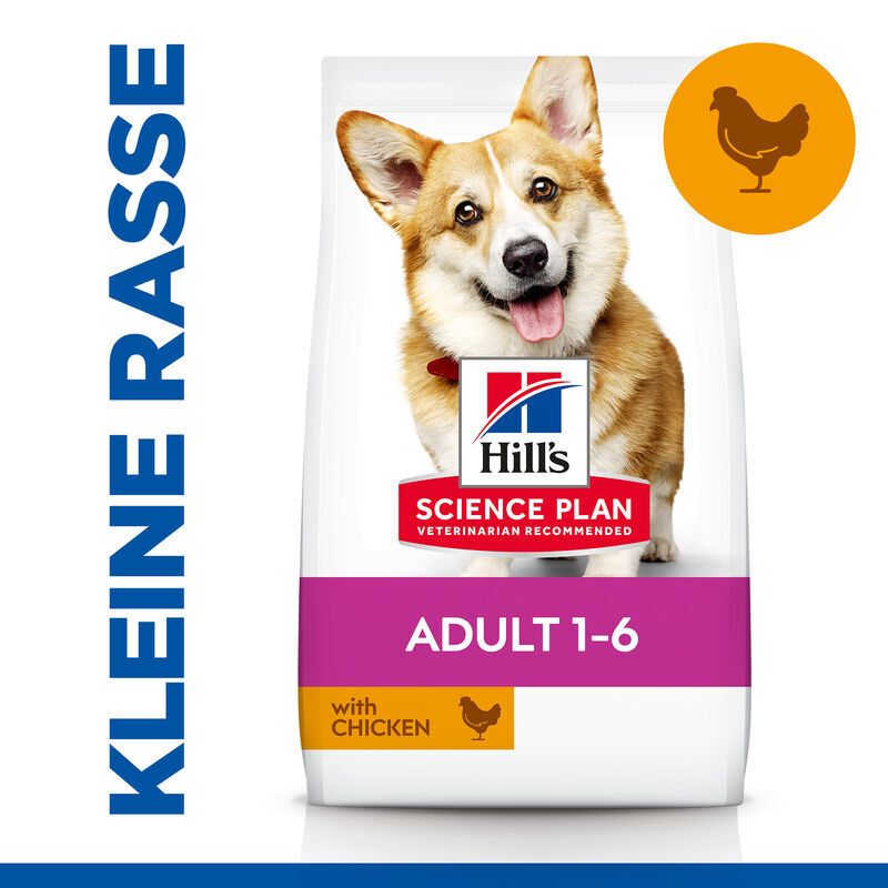 Sac de nourriture pour chiens avec chien. Logo : Hill's Science Plan, texte : Adult 1-6, avec poulet. Petite race.