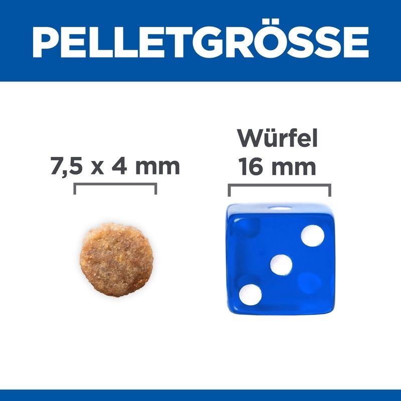 Taille des granulés. Comparaison : granulés alimentaires 7,5 x 4 mm, cube 16 mm.