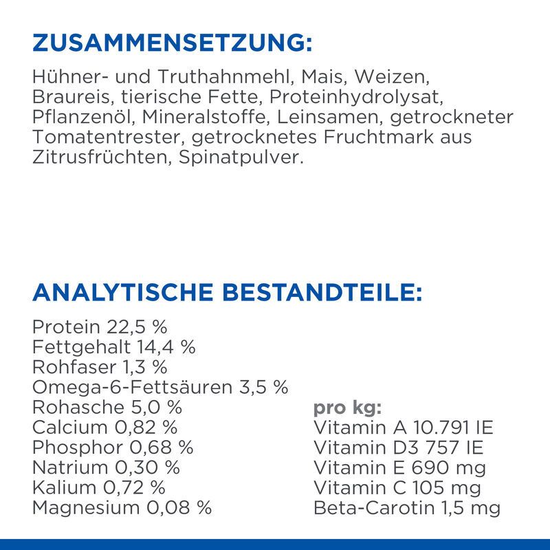 Composition et composants analytiques de la nourriture pour chiens. Protéines 22,5 %, matières grasses 14,4 %, fibres brutes 1,3 %.