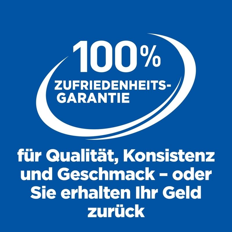Image bleue avec inscription blanche: Garantie de satisfaction à 100%. Pour la qualité, la consistance et le goût - ou remboursé.