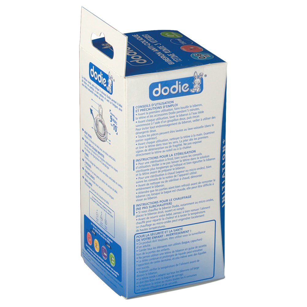 Dos de la boîte. Texte: dodie®, Biberon Anti-Colique, Tetine Ronde 3 Vitesses. Instructions et informations d'utilisation.