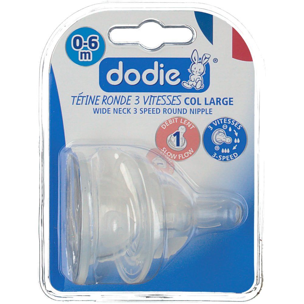 Tétine Dodie® en blister. 0-6 mois, 3 vitesses, col large. Caractéristiques visibles du produit.
