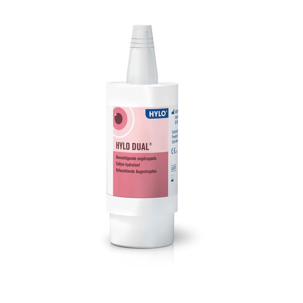 Emballage Hylo-Dual gouttes oculaires avec description française et motif oculaire.