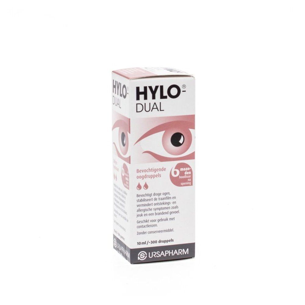 Boîte de gouttes oculaires Hylo-Dual, texte français.