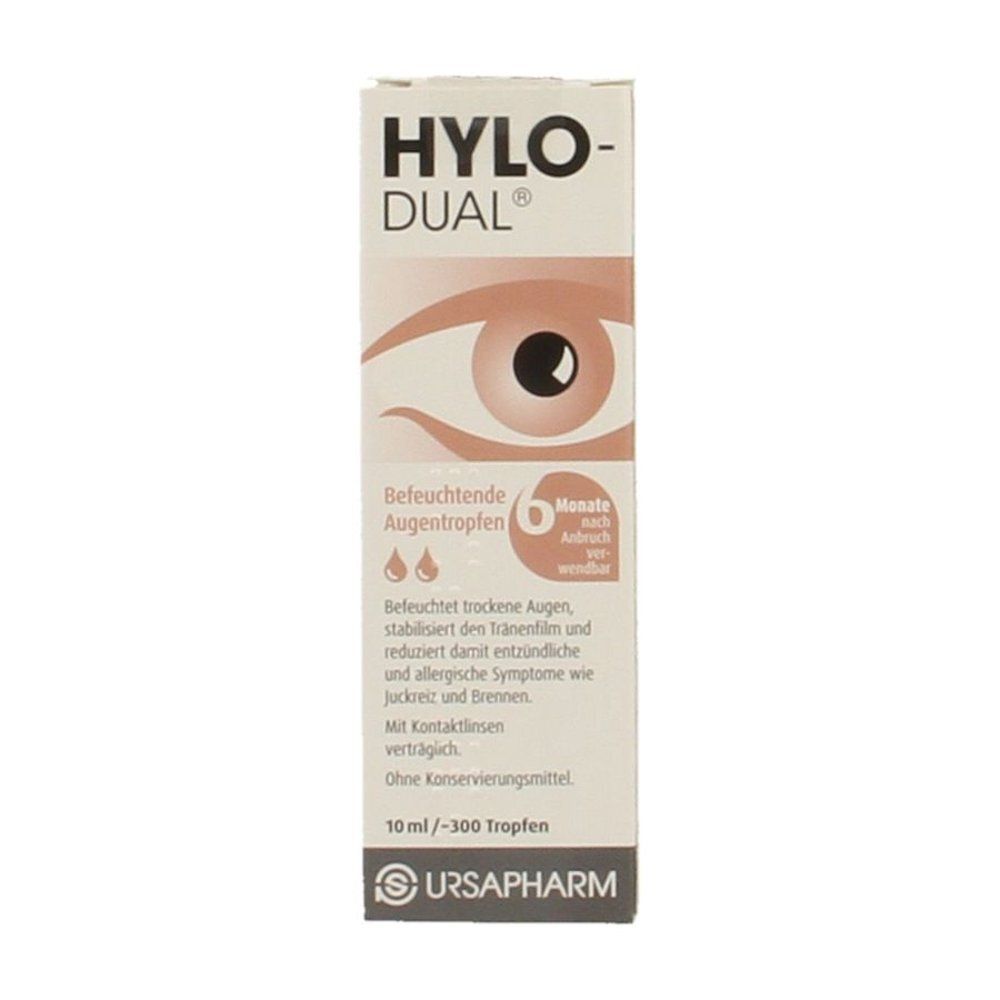 Boîte de gouttes oculaires Hylo-Dual, texte français.