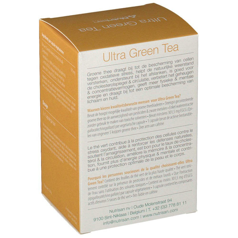 Boîte Nutrisan Ultra Green Tea. Texte en néerlandais et français. Fond doré.
