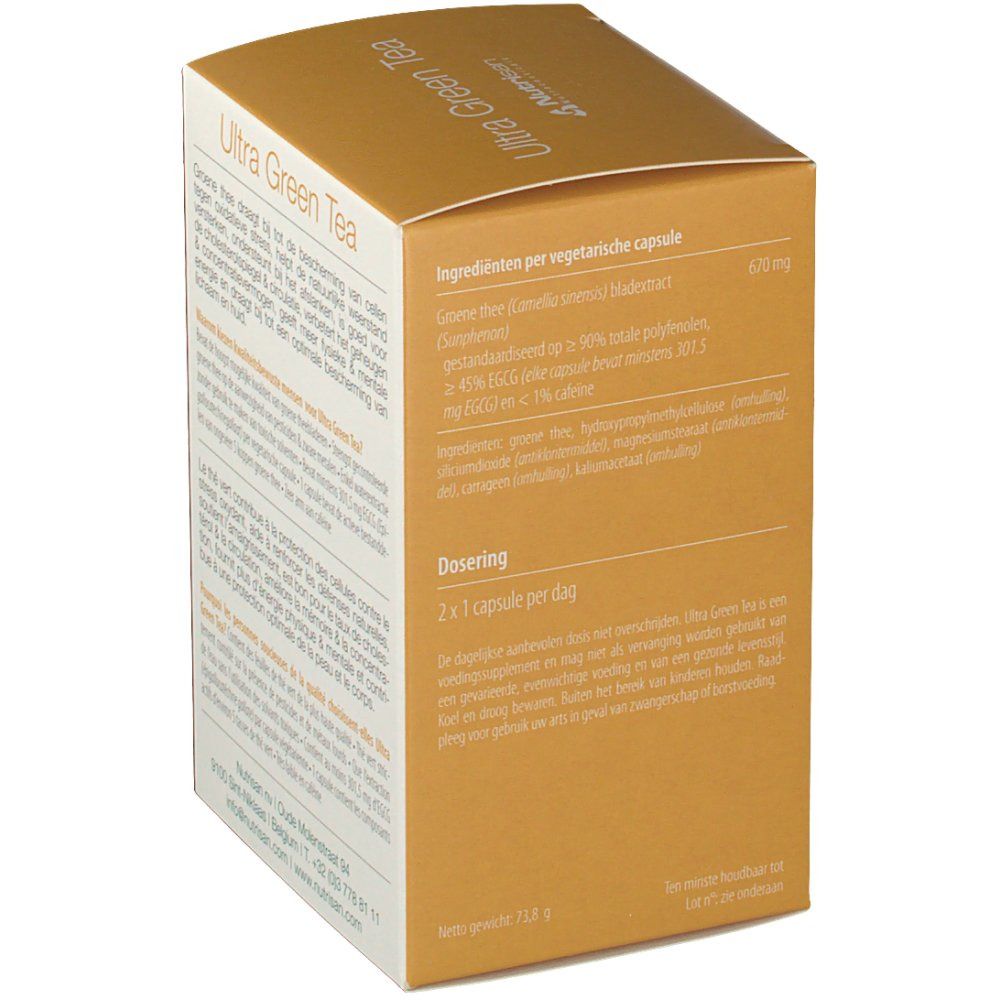 Boîte Nutrisan Ultra Green Tea. Texte en néerlandais. Fond doré.