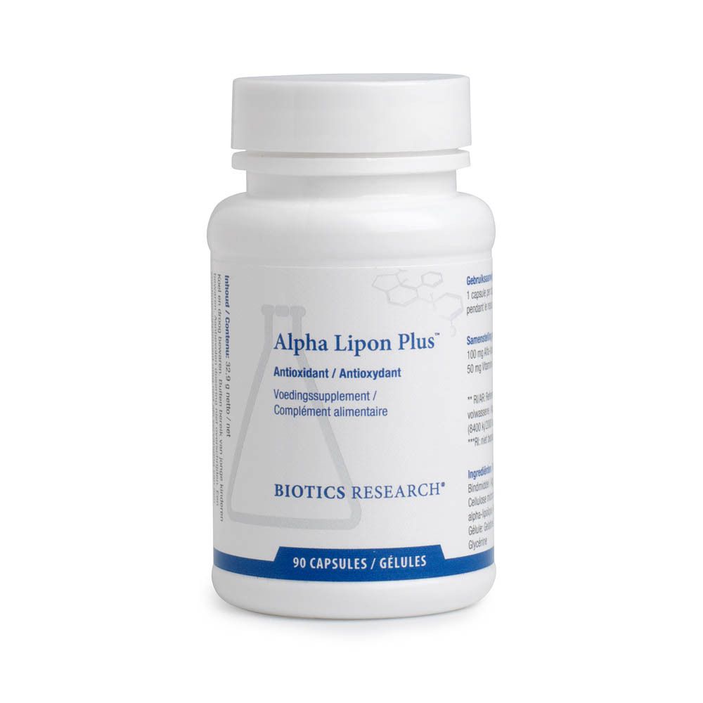 Flacon blanc avec bouchon à vis. Inscription: Alpha Lipon Plus, Biotics Research. 90 gélules. Texte en plusieurs langues.