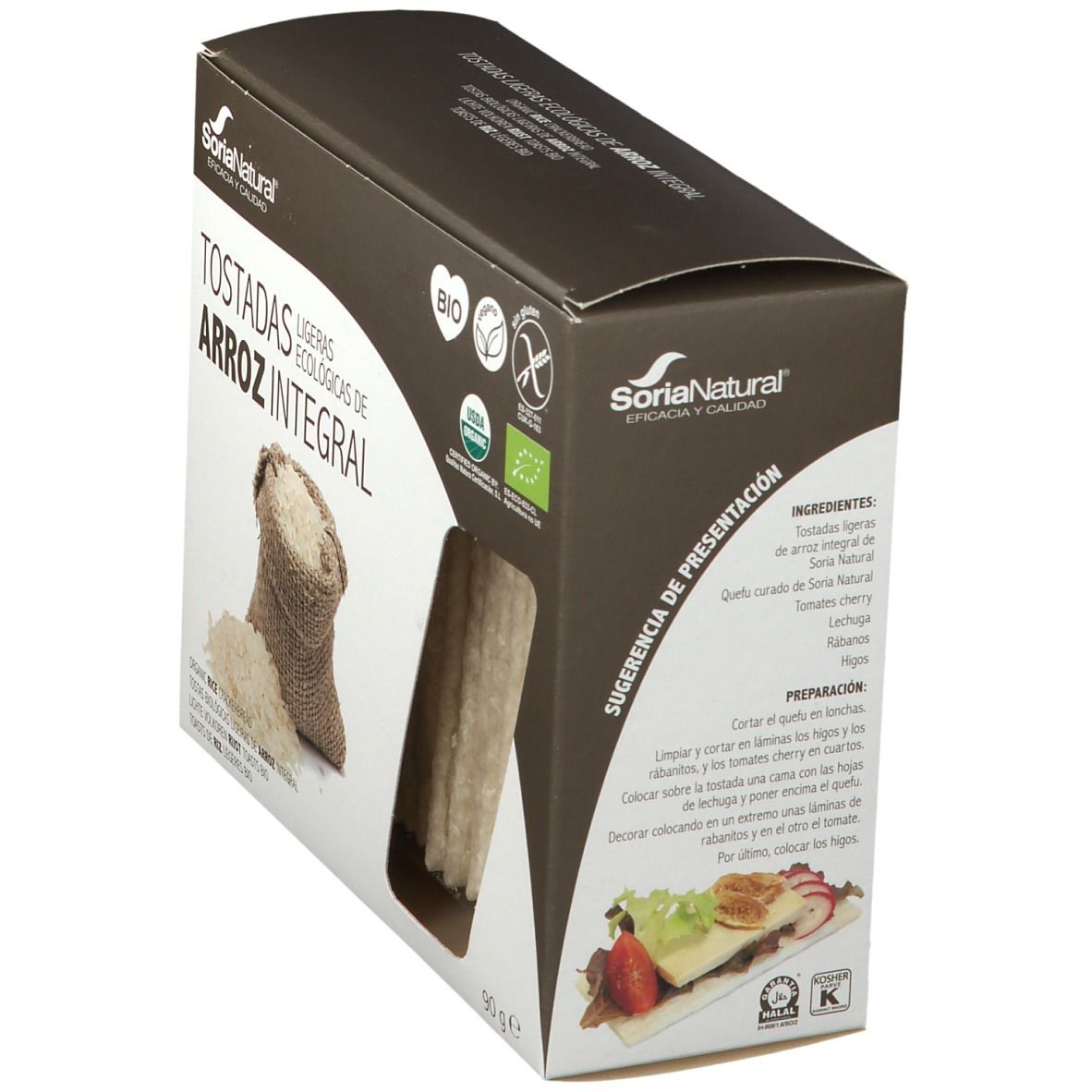 Boîte de toasts de riz. Fenêtre. Inscriptions : Soria Natural, BIO, sans gluten. Suggestion de recette illustrée.