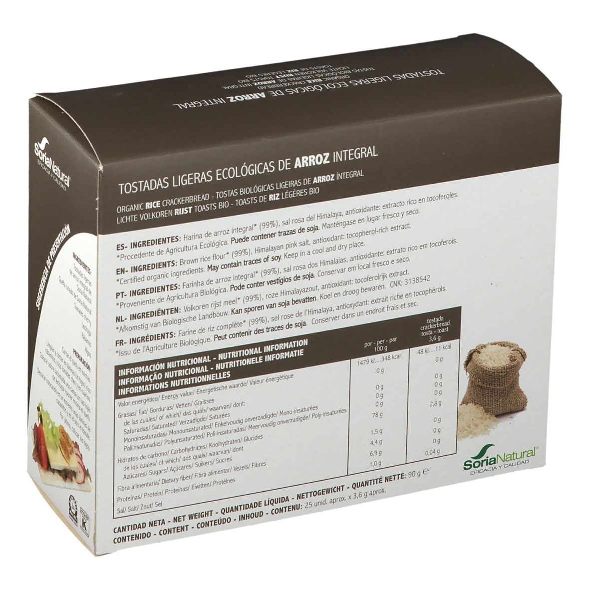 Dos de l'emballage de toasts de riz. Inscriptions : informations nutritionnelles, ingrédients, Soria Natural, BIO. Riz et sac illustrés.