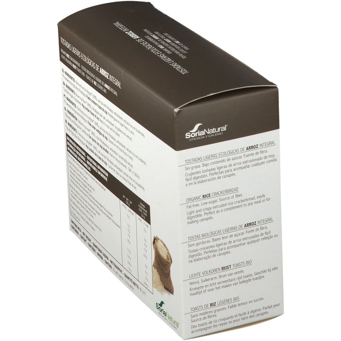 Vue latérale de l'emballage de toasts de riz. Inscriptions : Soria Natural, BIO. Informations nutritionnelles. Toast illustré.