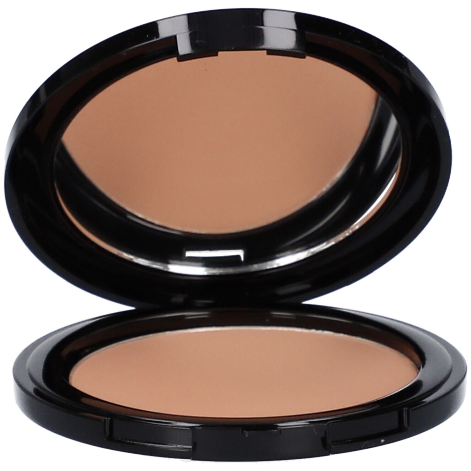 Palette de poudre bronzante compacte et ronde avec miroir. Cadre noir, poudre brun clair.