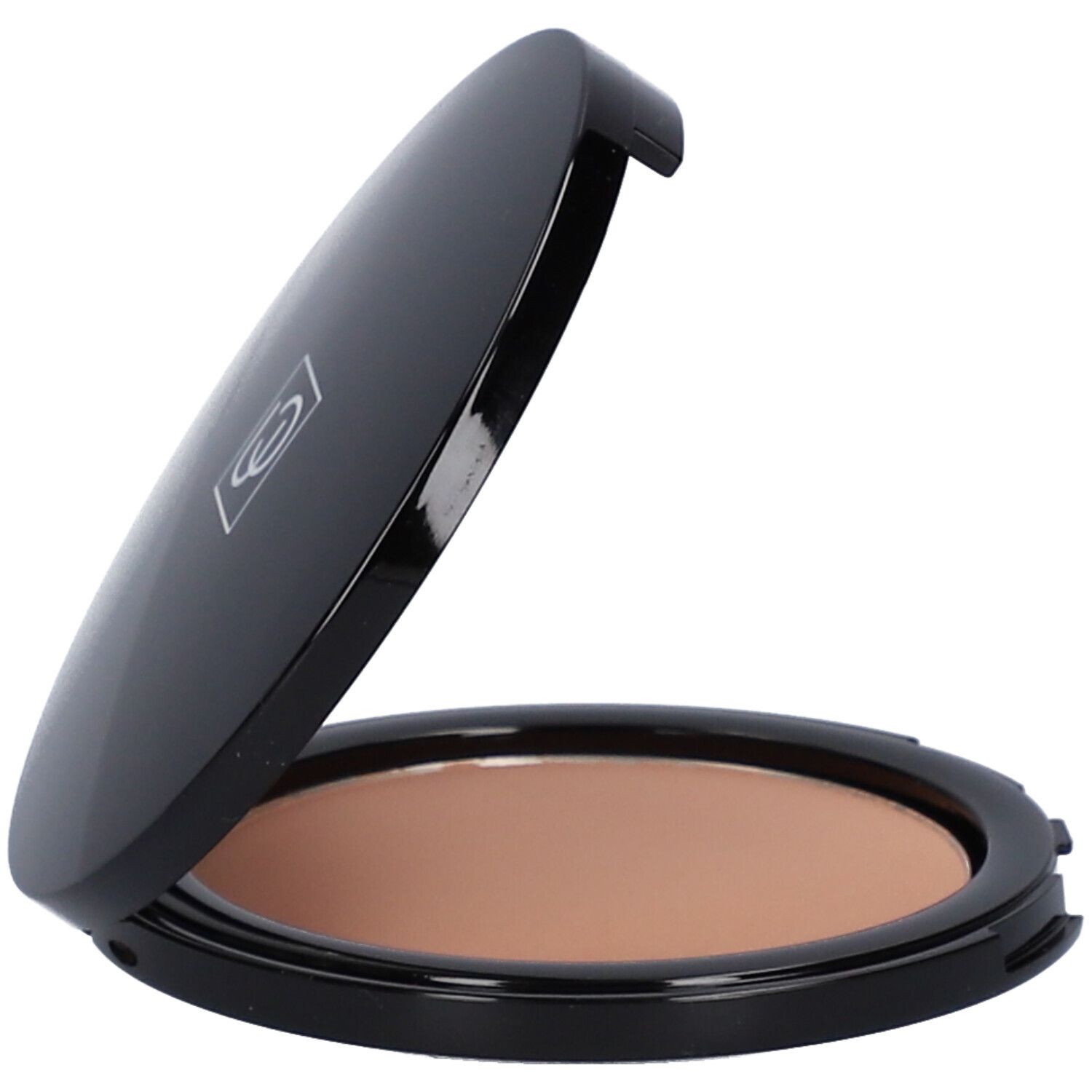 Palette de poudre bronzante ronde ouverte. Cadre noir, poudre brun clair. Couvercle avec logo.