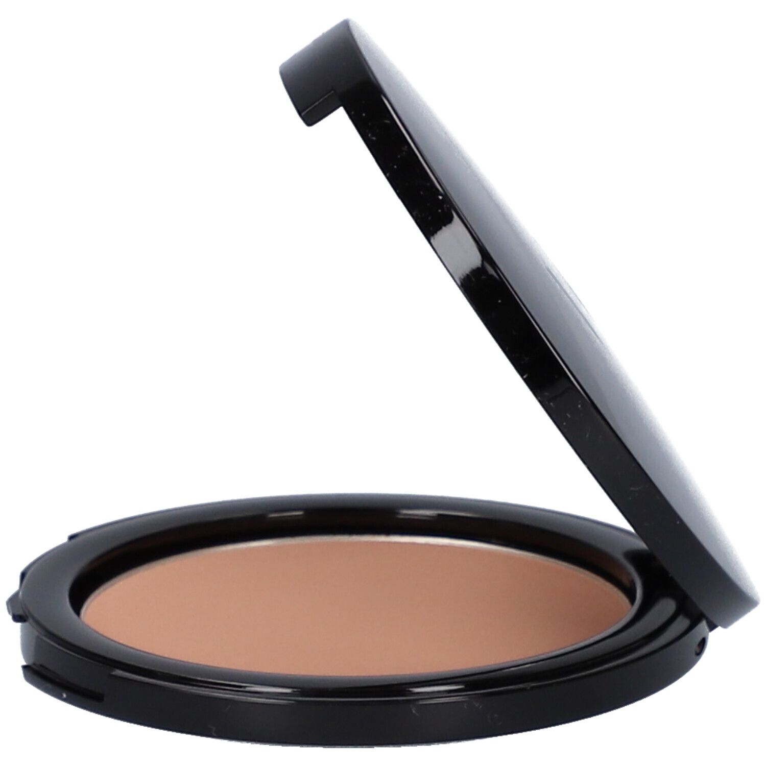 Palette de poudre bronzante ronde ouverte. Cadre noir, poudre brun clair.