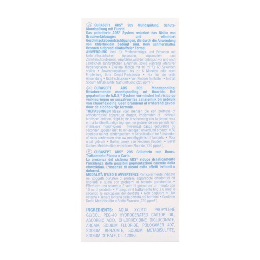 Arrière d'un flacon de bain de bouche CURASEPT ADS 205 avec description d'utilisation multilingue.