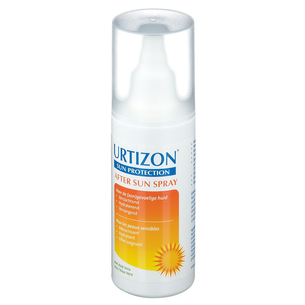 Utrizon After Sun Spray. Flacon blanc avec vaporisateur. Étiquette orange avec texte. Bouchon transparent. Motif soleil.