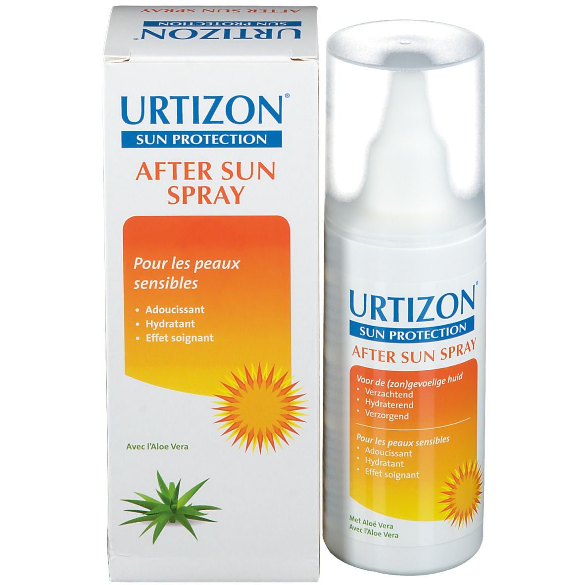Utrizon After Sun Spray et emballage. Flacon blanc et carton. Design orange. Motif soleil et texte.