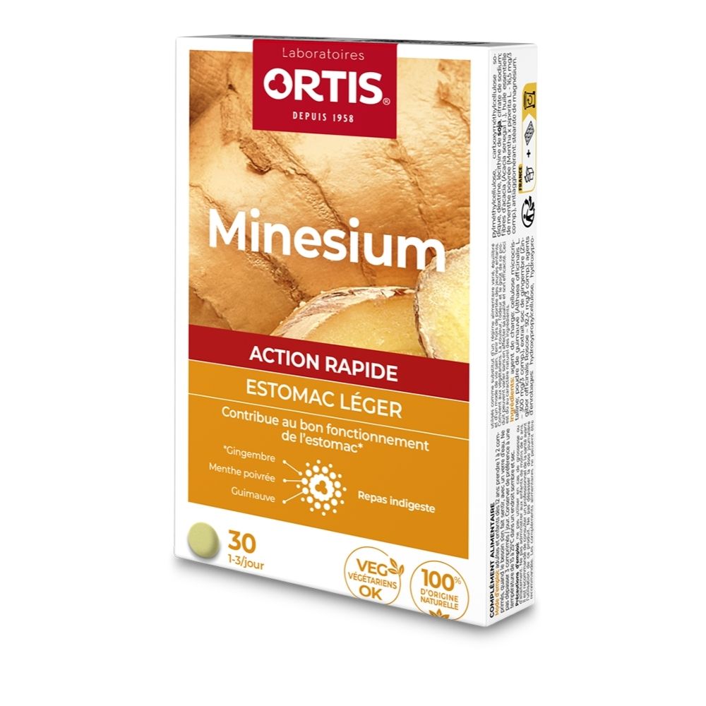 Boîte Ortis Minesium de 30 comprimés, avec image de gingembre.