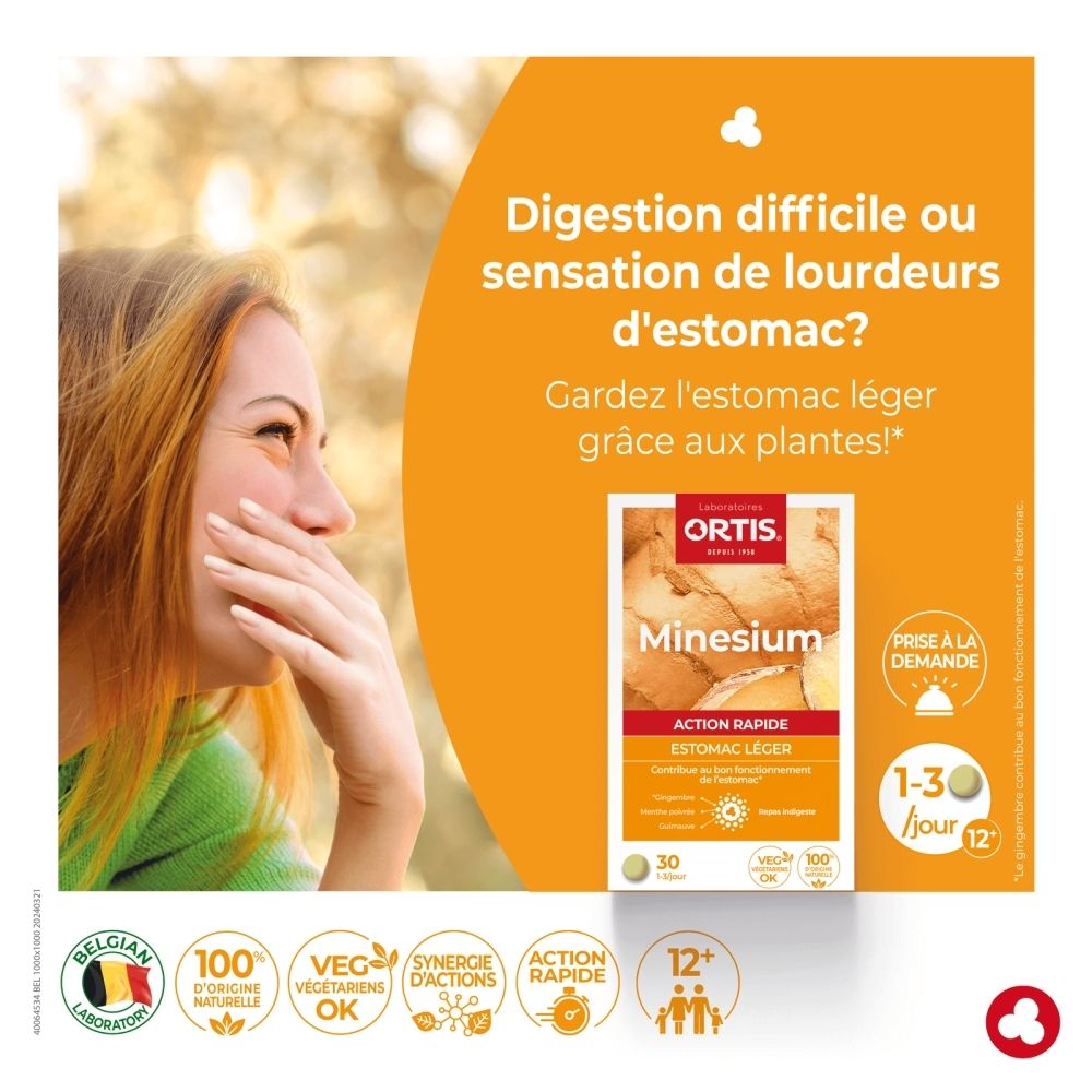 Boîte Ortis Minesium de 30 comprimés, avec image de gingembre.