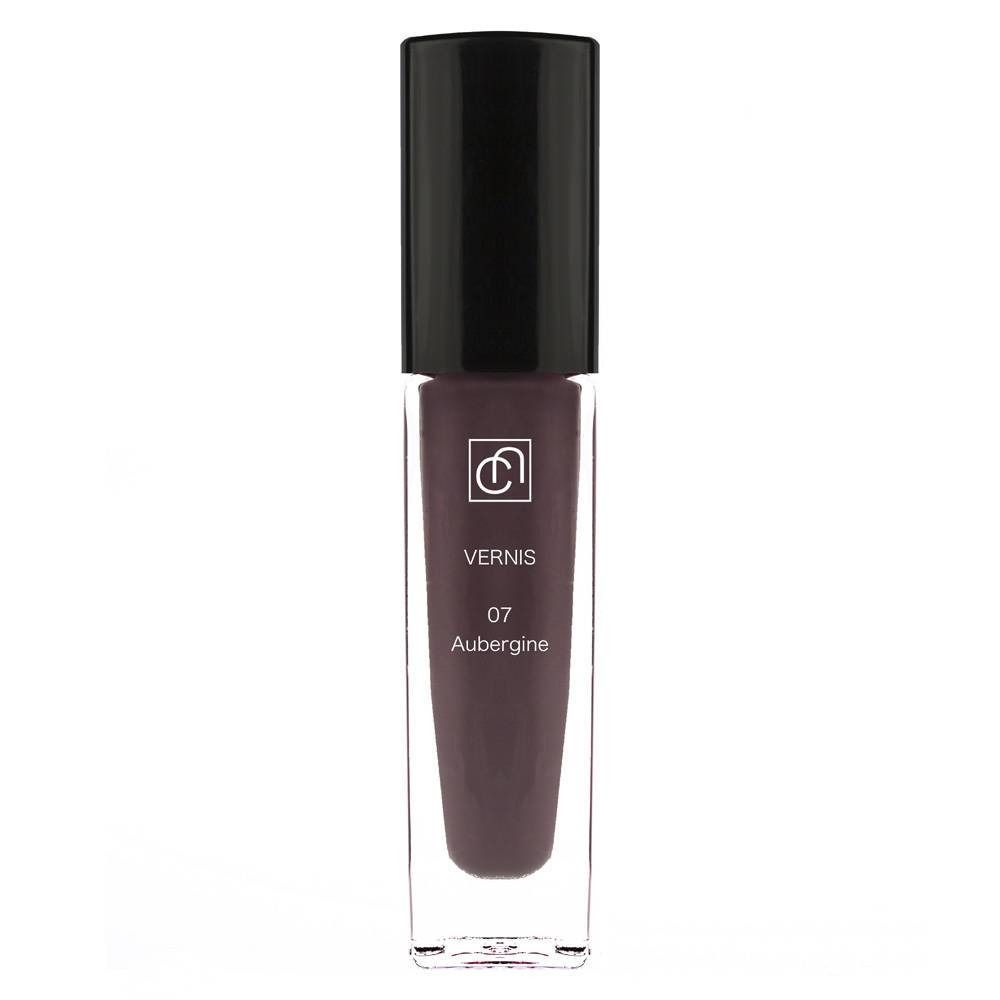 Flacon de vernis à ongles avec bouchon noir. Inscription : Vernis 07 Aubergine.