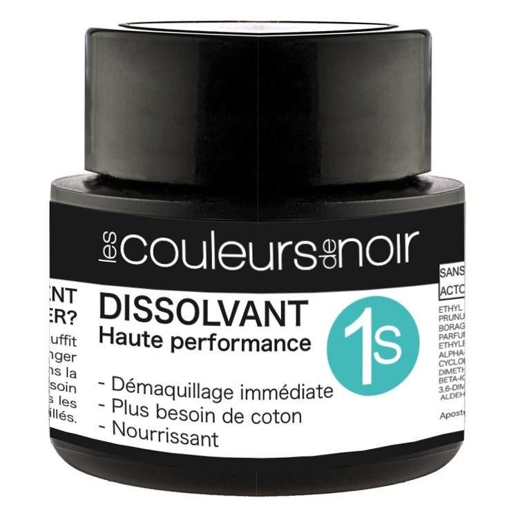 Pot noir avec texte Les Couleurs de Noir. Produit: Dissolvant. Inscription: Haute performance, 1s.