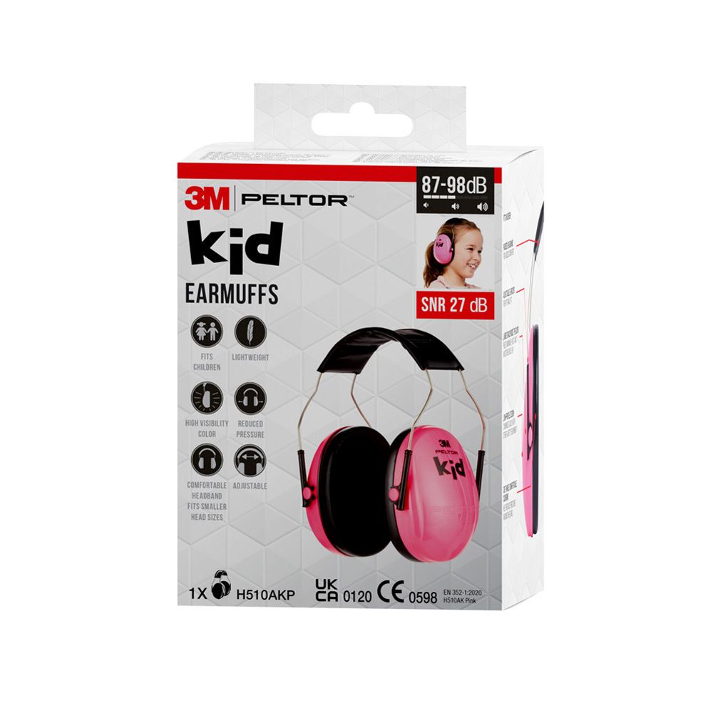 Emballage avec casque antibruit. Enfant avec cache-oreilles roses. 3M Peltor Kid. Infos.