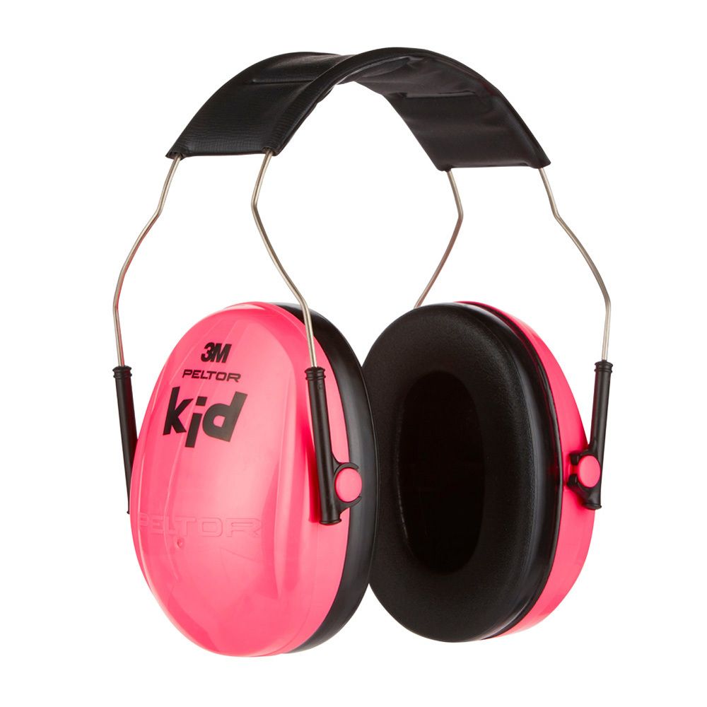 Emballage avec casque antibruit. Enfant avec cache-oreilles roses. 3M Peltor Kid. Infos.