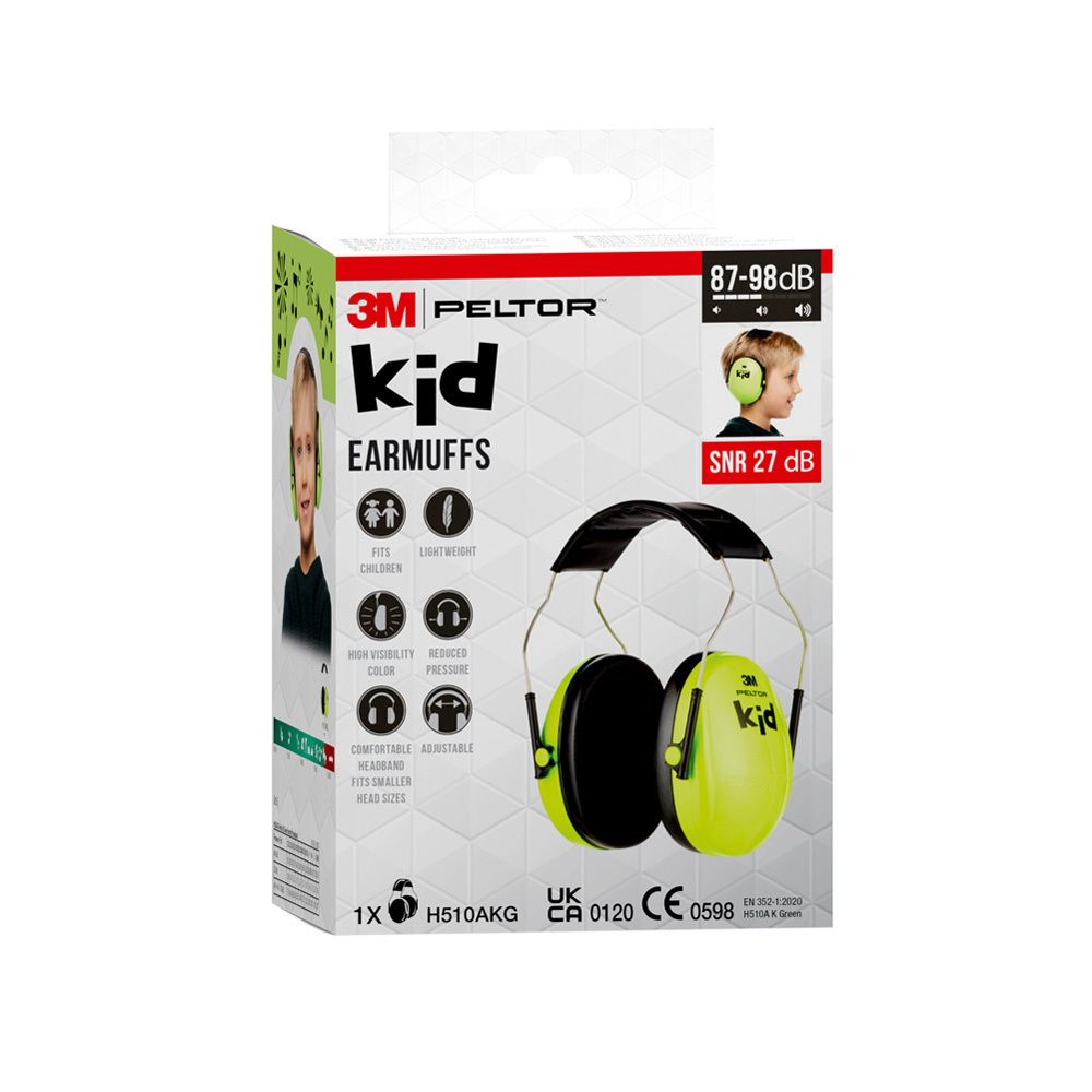 Emballage du casque antibruit 3M Peltor Kid. Enfant avec casque. Texte multilingue.