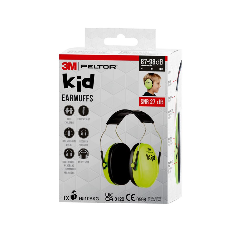 Emballage du casque antibruit 3M Peltor Kid. Image du produit, enfant avec casque. Texte.