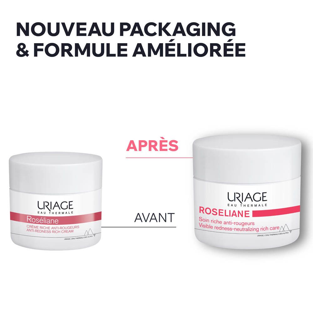 Texte: Nouveau packaging & formule améliorée. Comparaison avant/après.