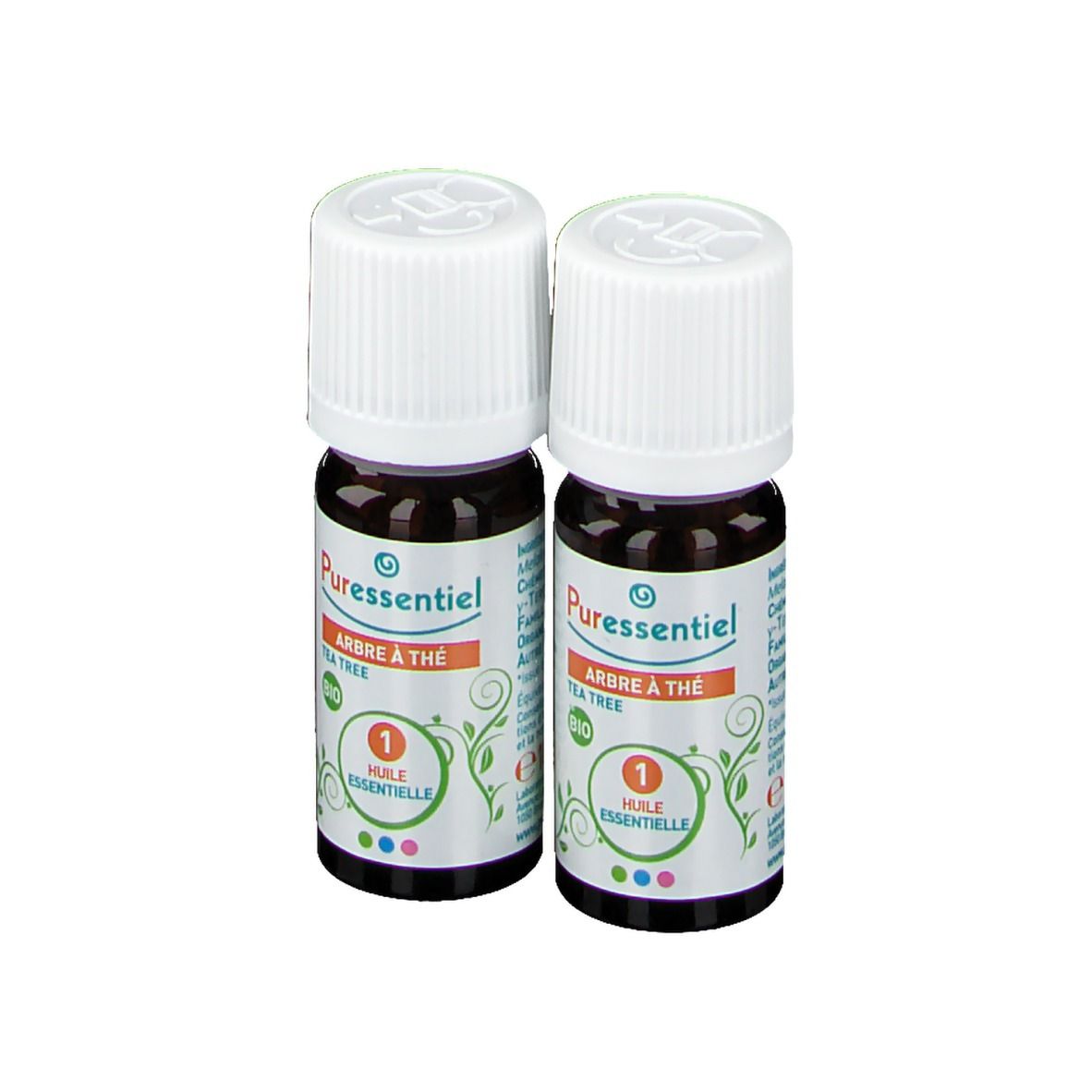 Deux flacons avec bouchon blanc. Inscription: Puressentiel, Arbre à thé, Bio, Huile essentielle.