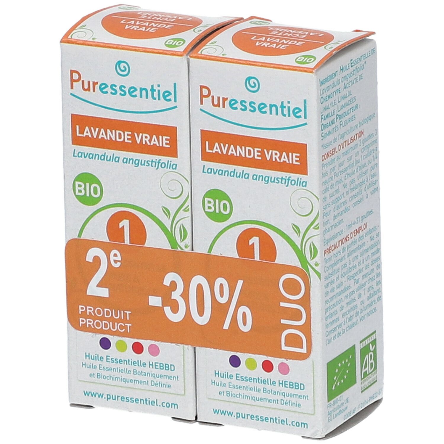 Deux boîtes "Lavande Vraie" avec logo "BIO". Autocollant orange "2e -30%" et "DUO".