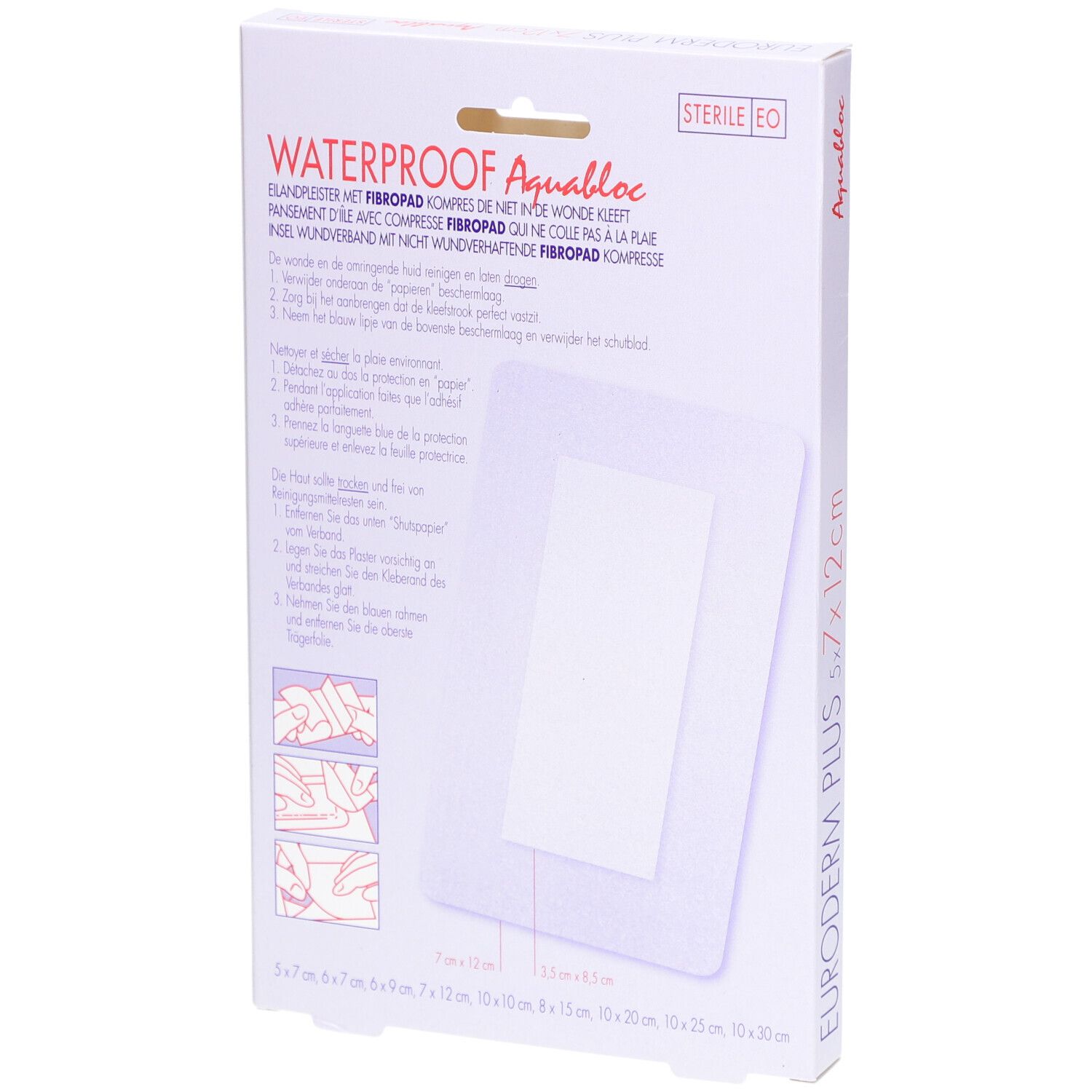 Dos de l'emballage Euroderm Plus. Inscription Waterproof Aquabloc. Illustrations d'utilisation.