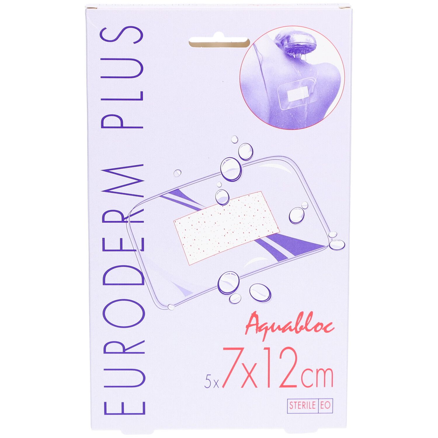 Vue de face de l'emballage Euroderm Plus. Inscription Euroderm Plus, 7x12cm, Aquabloc, sterile EO.