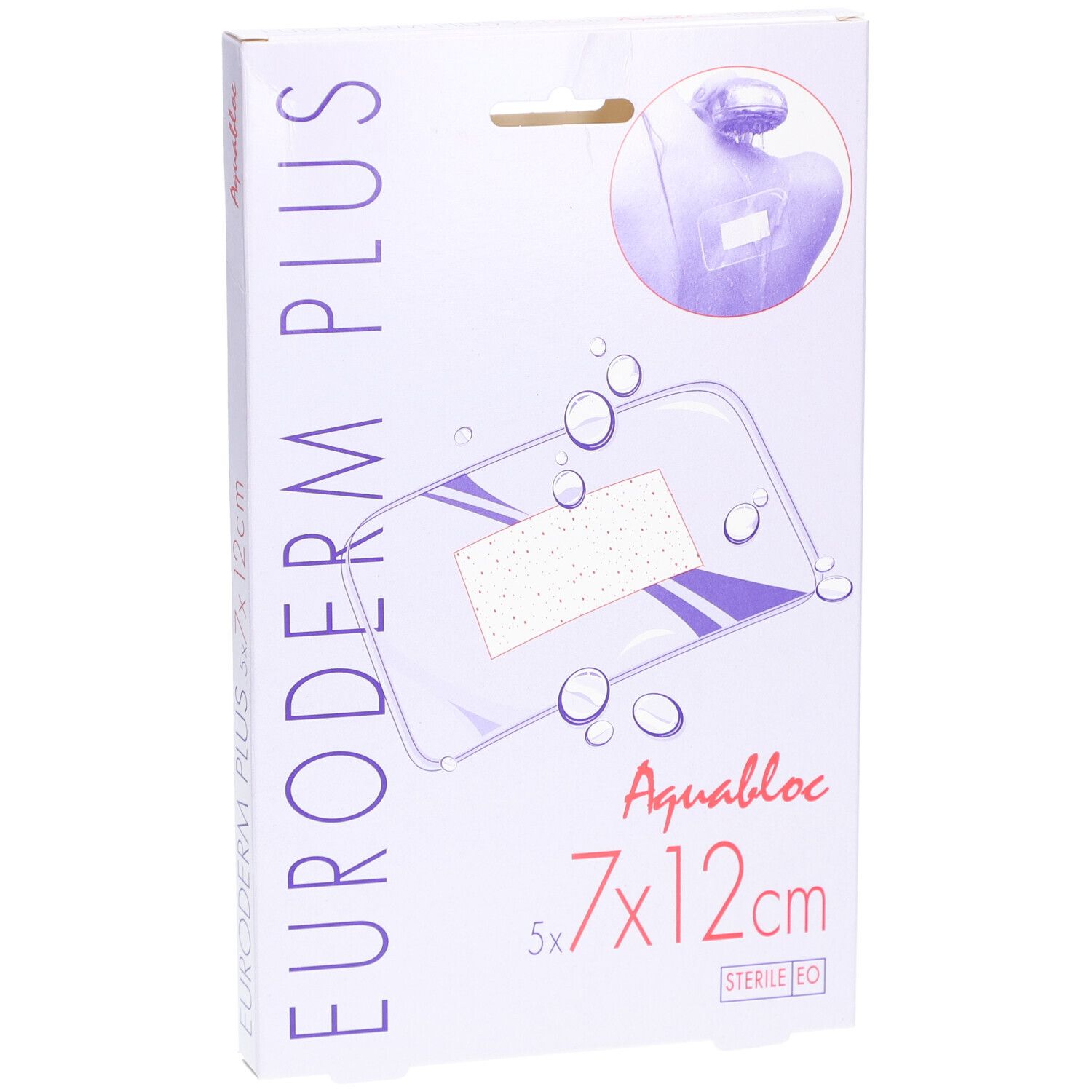 Vue de face de l'emballage Euroderm Plus. Inscription Euroderm Plus, 7x12cm, Aquabloc, sterile EO.