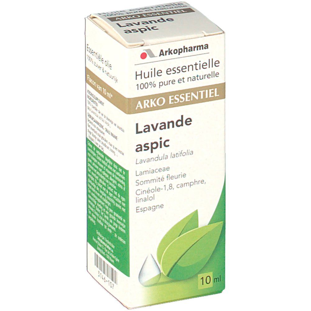 Boîte en carton avec informations produit. Inscription: ARKO ESSENTIEL Lavande aspic. Flacon de 10 ml. Avec feuilles et symbole goutte.