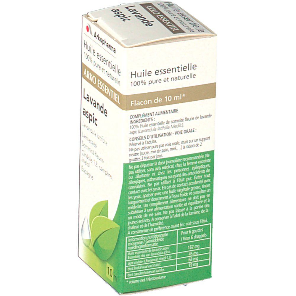 Boîte en carton avec informations produit. Inscription: ARKO ESSENTIEL Lavande aspic. Flacon de 10 ml. Avec feuilles et symbole goutte.