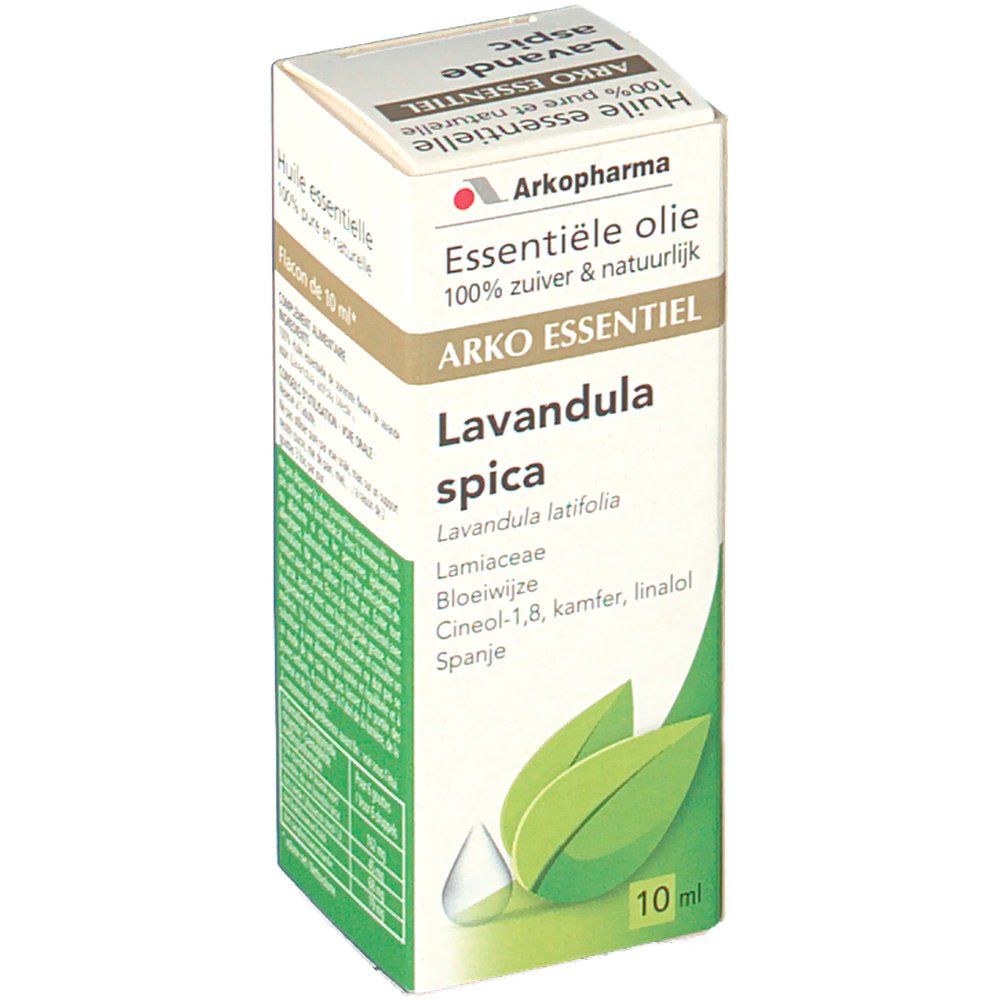 Boîte en carton avec informations produit. Inscription: ARKO ESSENTIEL Lavandula spica. Flacon de 10 ml. Avec feuilles et symbole goutte.