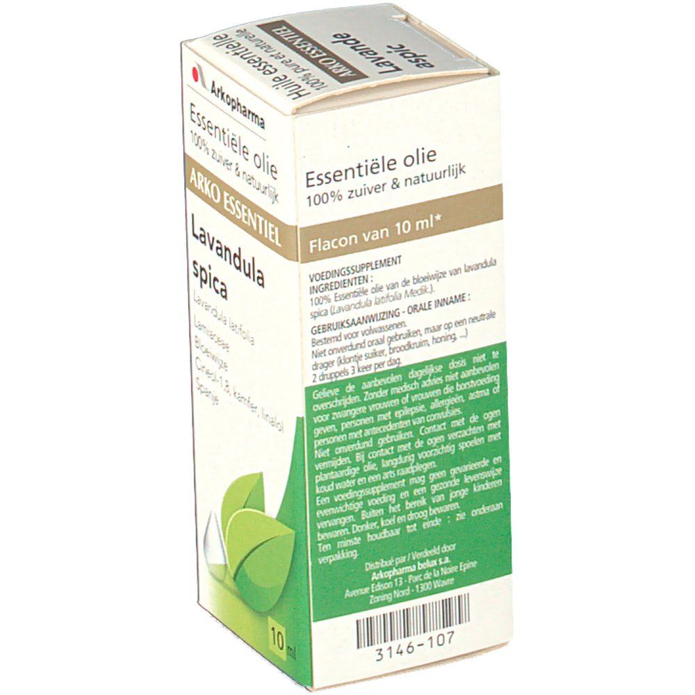 Boîte en carton avec informations produit. Inscription: ARKO ESSENTIEL Lavandula spica. Flacon de 10 ml. Avec feuilles et symbole goutte.