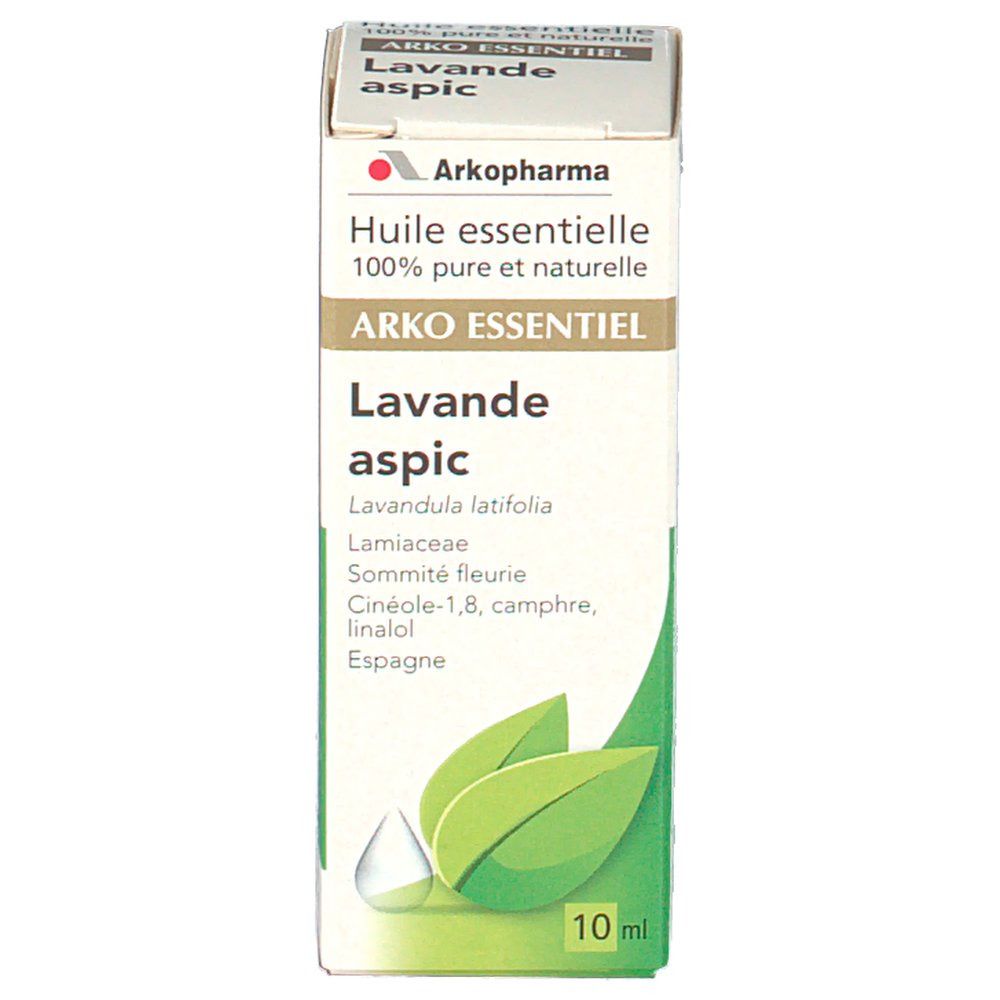 Boîte en carton avec informations produit. Inscription: ARKO ESSENTIEL Lavande aspic. Flacon de 10 ml. Avec feuilles et symbole goutte.