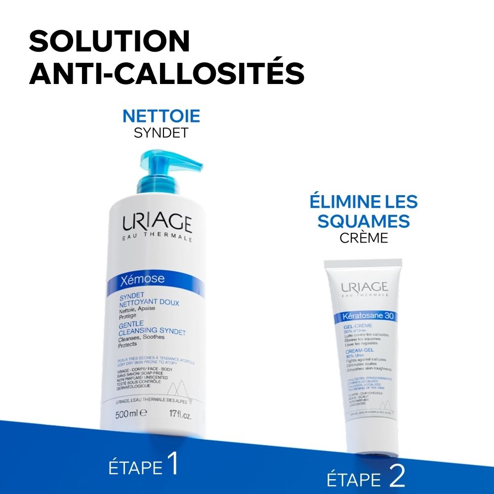 Tube Uriage Kératosane 30 Gel-Crème à 30% d'urée, dos avec description française.