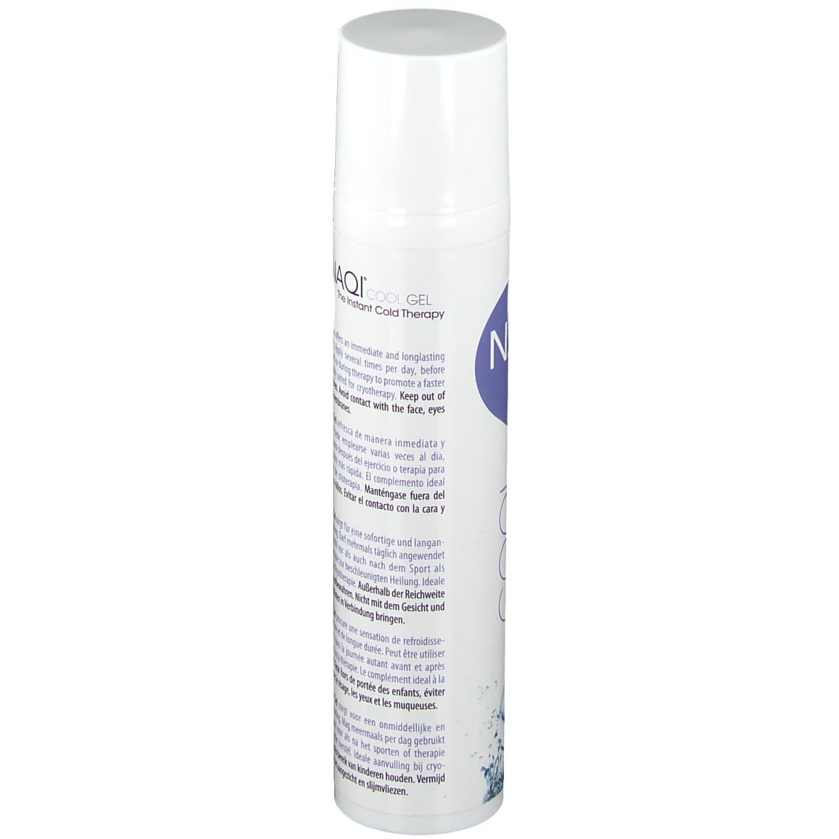 Flacon blanc avec texte. Inscription: NAQI COOL GEL. Informations produit en plusieurs langues. Bouchon en haut.