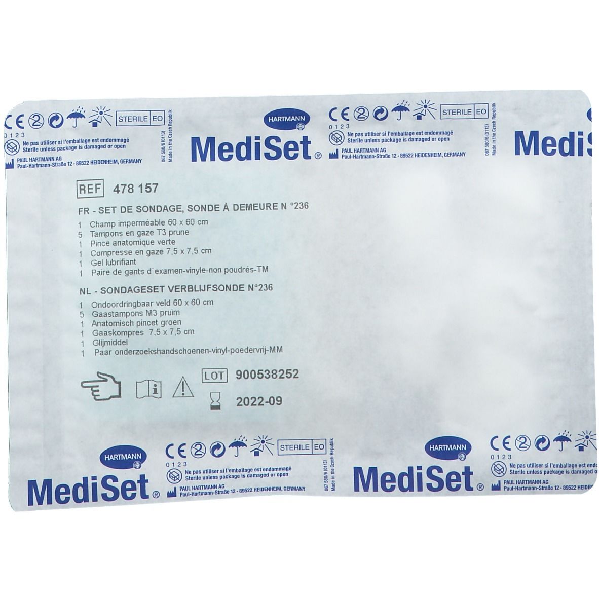 Emballage MediSet. Contient un set de sondage, compresses, gants, et tampons. Référence 478 157. Stérile.