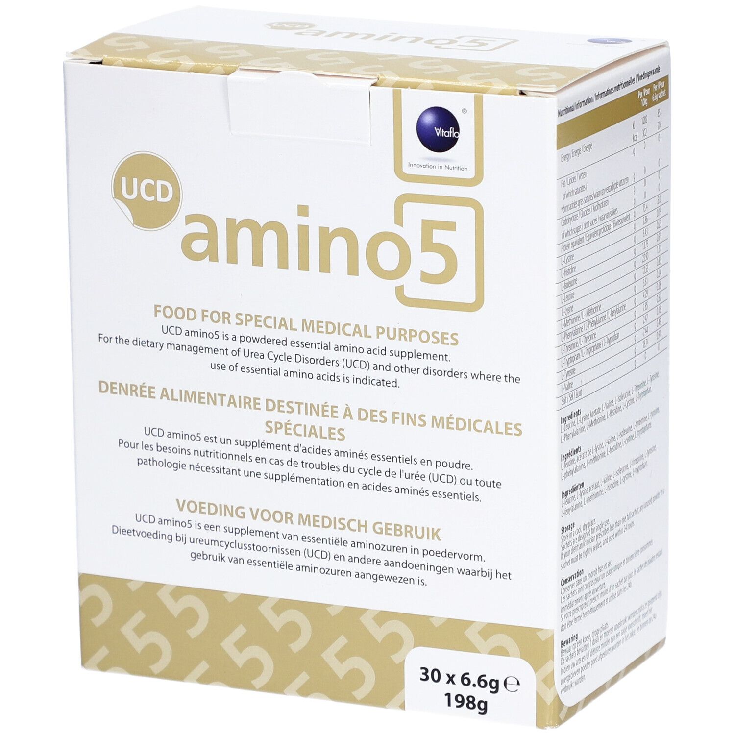 Boîte blanche avec logo "UCD amino5". Texte : "FOOD FOR SPECIAL MEDICAL PURPOSES". 30 x 6.6g, 198g.