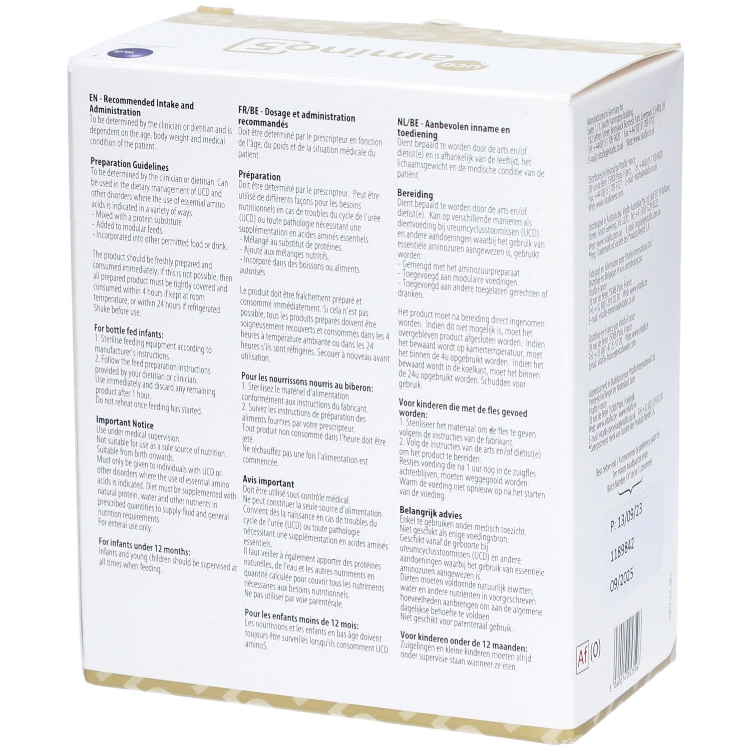 Côté de l'emballage en carton blanc. Texte : recommandations, instructions de préparation, informations importantes.