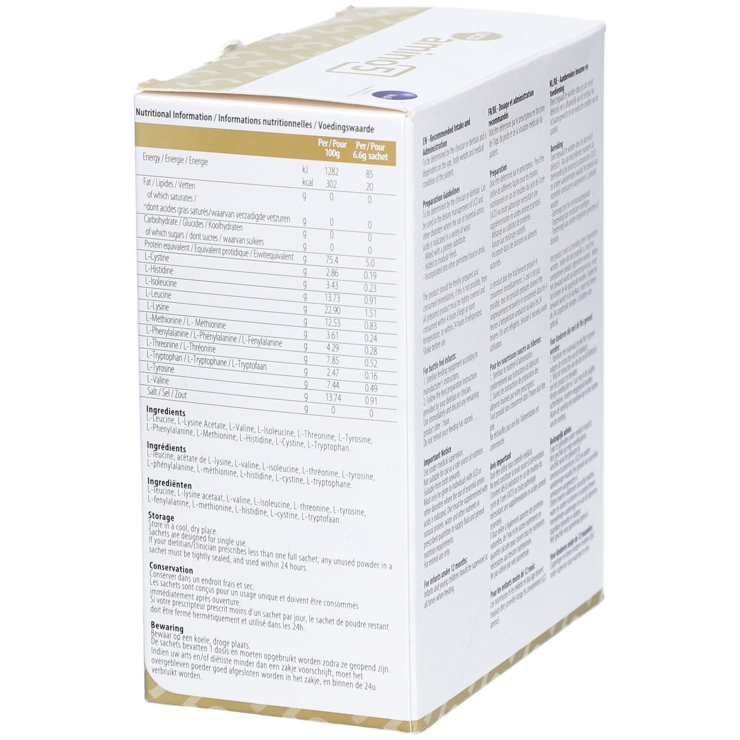Côté de l'emballage en carton blanc. Texte : informations nutritionnelles, ingrédients, conseils de conservation.